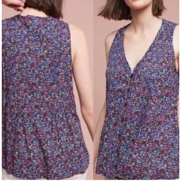 Anthropologie Maeve Womens Blue Print Button Up V-Neck boho Pleated Tank Top L - Picture 1 of 8